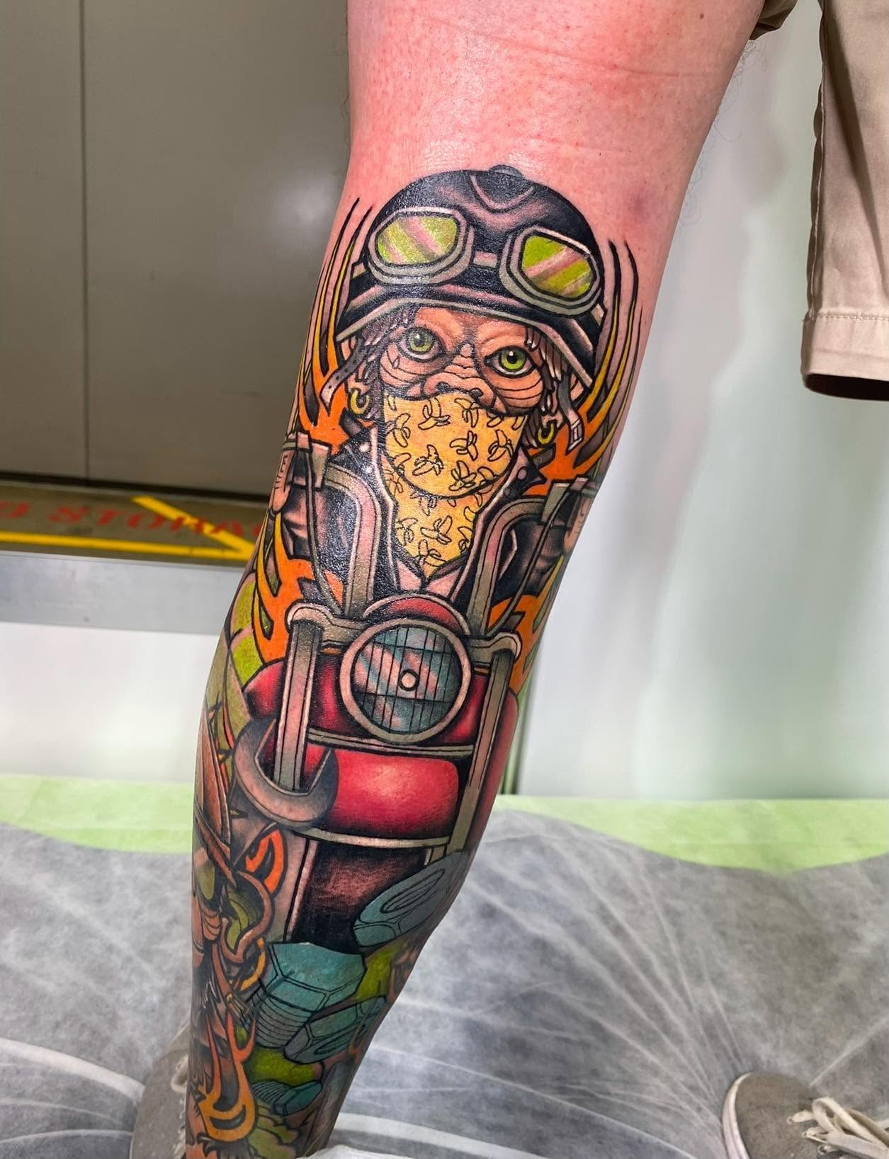 Neo-traditional colour biker and motorcycle leg sleeve tattoo by Love and Chaos Tattoo Gallery, Mudgee NSW
