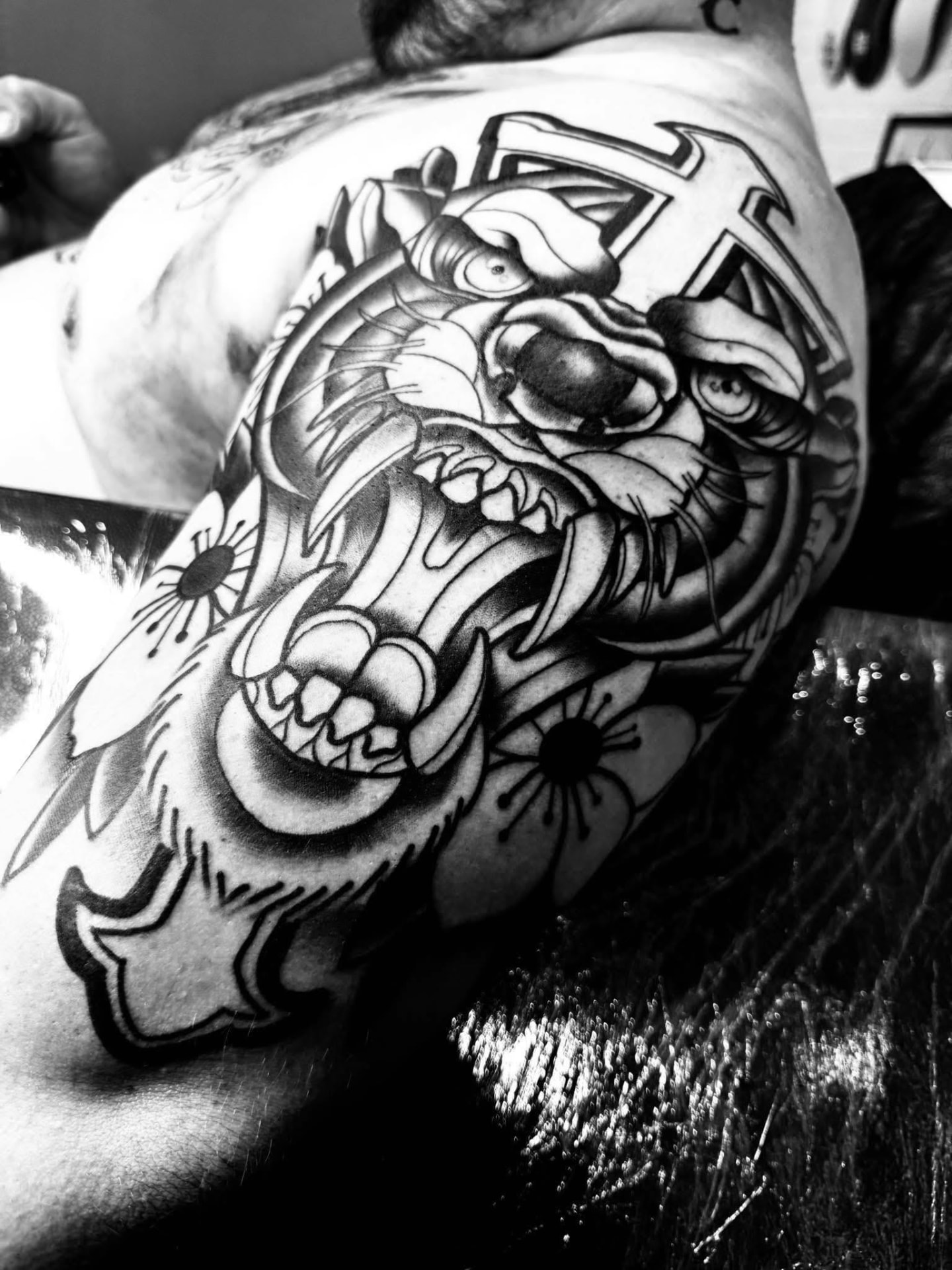 Neo-traditional snarling tiger and cherry blossom shoulder tattoo by Love and Chaos Tattoo Gallery, Mudgee NSW